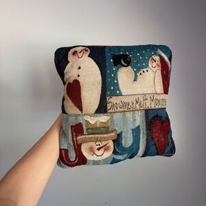 Vintage Snowman Tapestry Throw Pillow 18x18 Red Blue Holiday Winter Decor USA